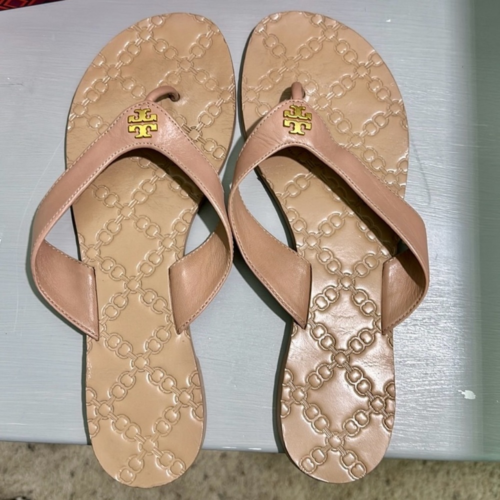 Tory Burch Beige Leather Sandals with Gold Logo